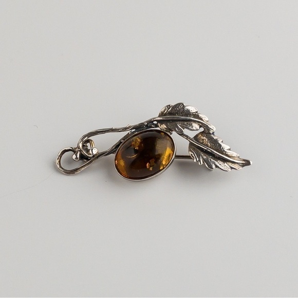 Sterling Silver Modernist Brooch Pin Baltic Amber Stone Hallmark Gdansk Poland - Picture 2 of 11